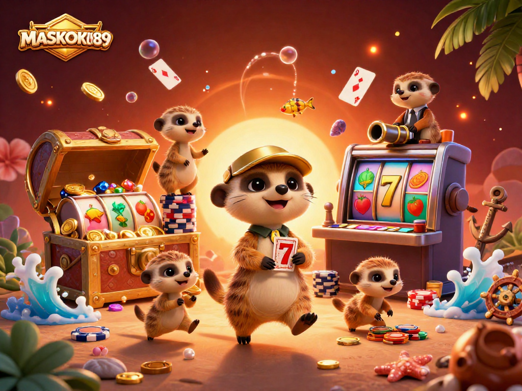 Engage in winning strategies with MASKOKI889 in a vibrant 3D meerkat casino illustration.