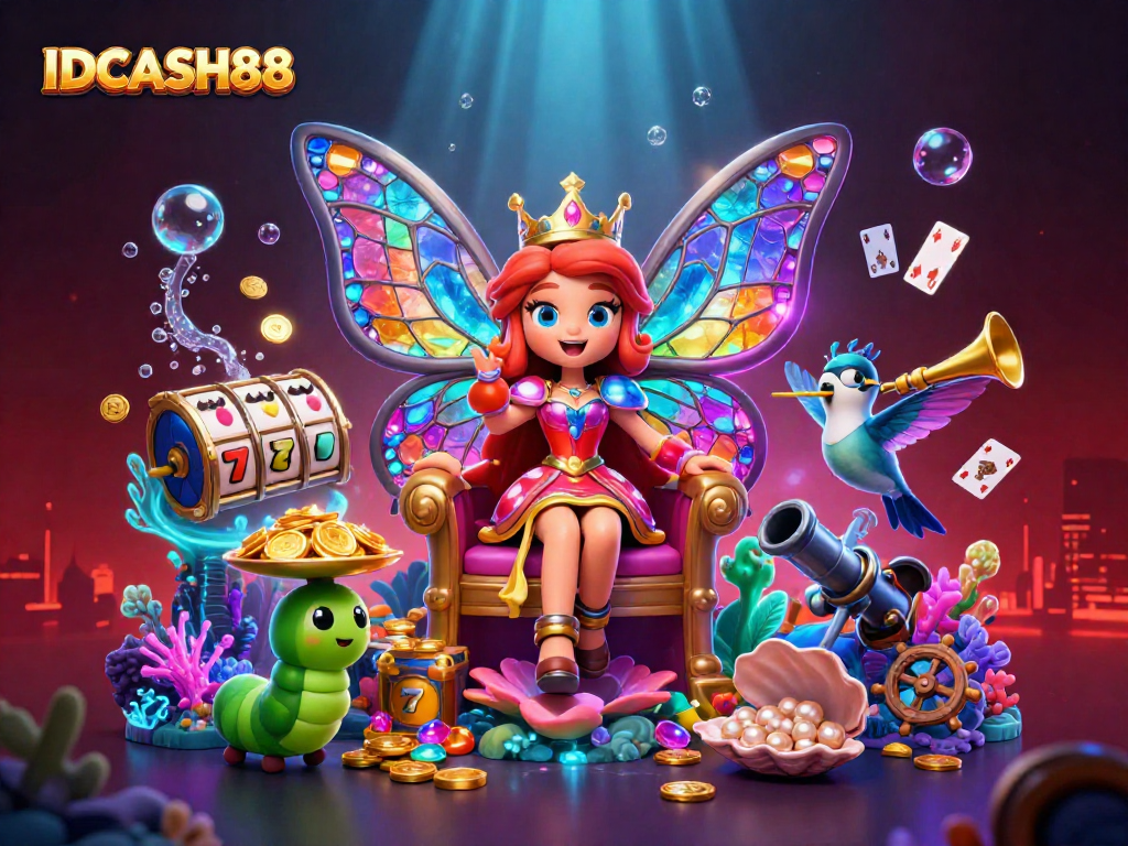 Join the fun with IDCASH88 in this rich casino scene featuring vibrant characters and slot elements.