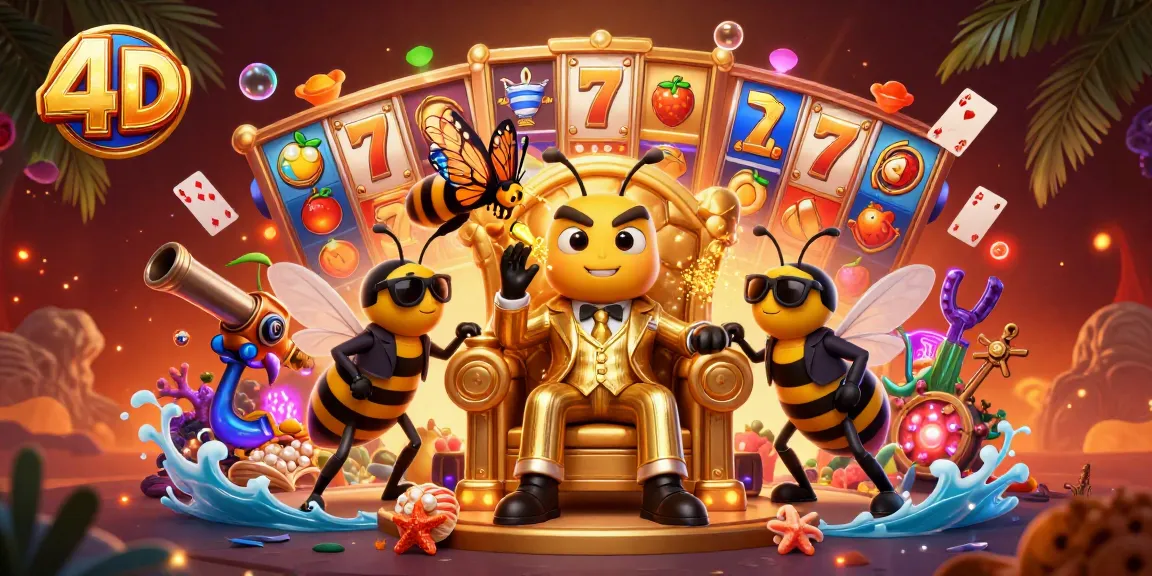 Experience the thrill of 4D slots with vibrant characters and sparkling jackpots in this dynamic 3D illustration.