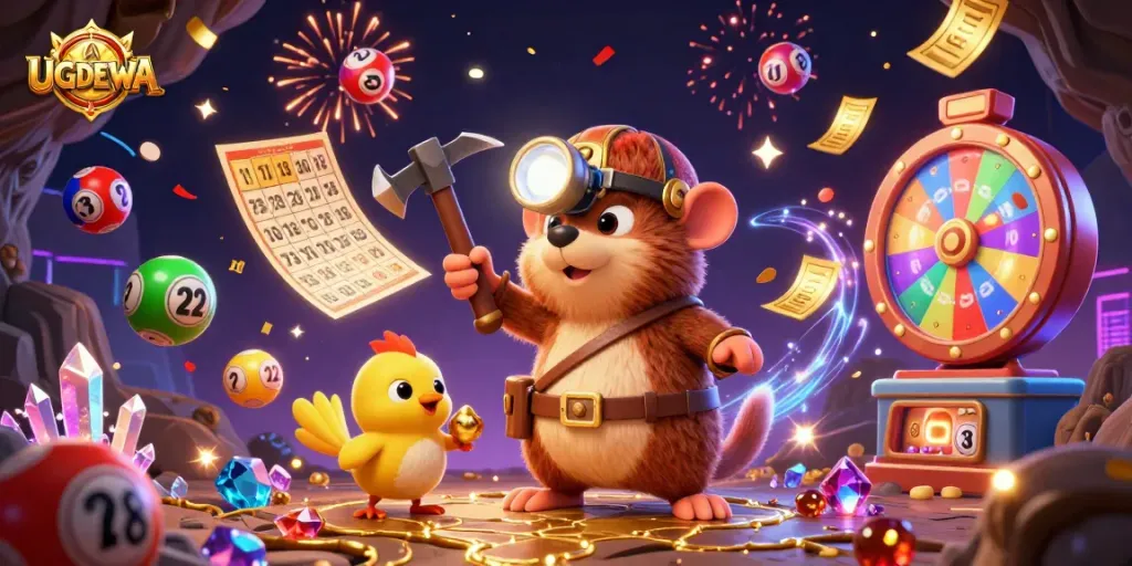 Spin winnings with UGDEWA as the treasure hunter mole uncovers colorful prizes in a vibrant 3D scene.