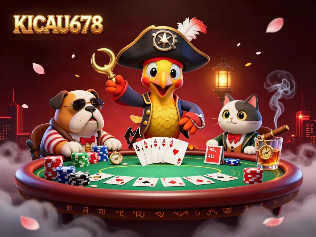 KICAU678 pirate-themed poker scene with whimsical characters and vibrant casino elements.