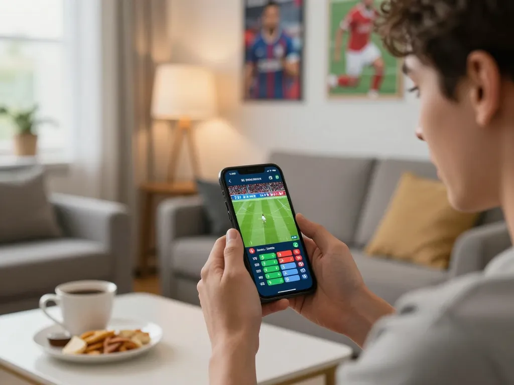 Engaging in live sports betting on fly888 with smartphone, capturing excitement during the match