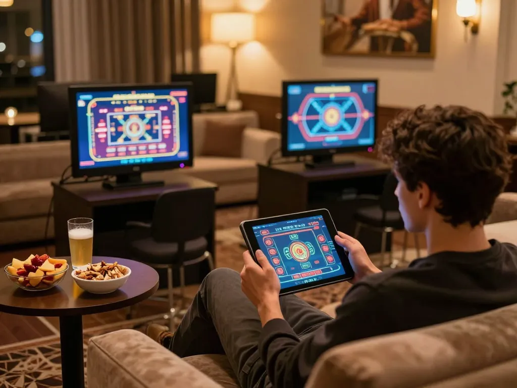 Player enjoying Rikvip gaming on a tablet with engaging casino visuals and a cozy atmosphere.