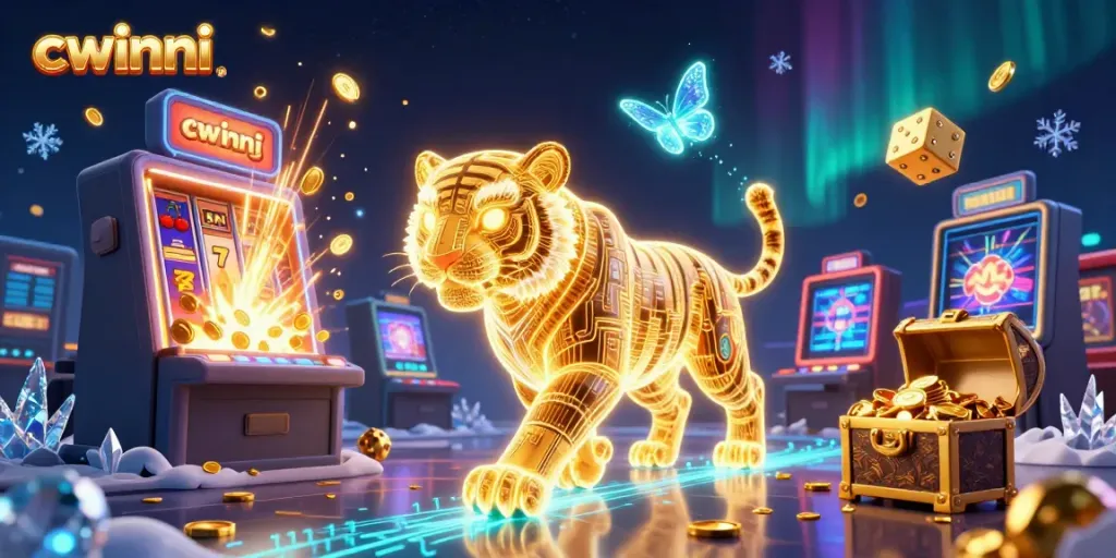 Experience thrilling jackpots at cwinni's vibrant digital casino with energetic golden tiger and holographic companions.