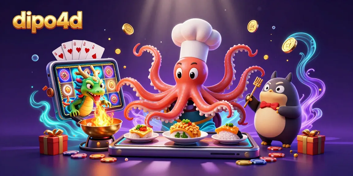 Experience the vibrant dipo4d casino scene, where a sushi chef octopus crafts golden dishes amid spinning slots and dynamic games.