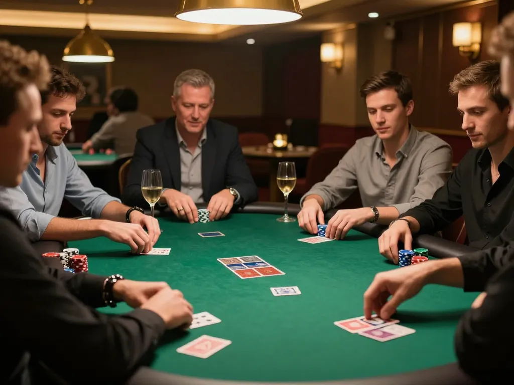 Engaging scene of a poker game reflecting IDCASH88 Daftar offering strategic gameplay and friendly competition.