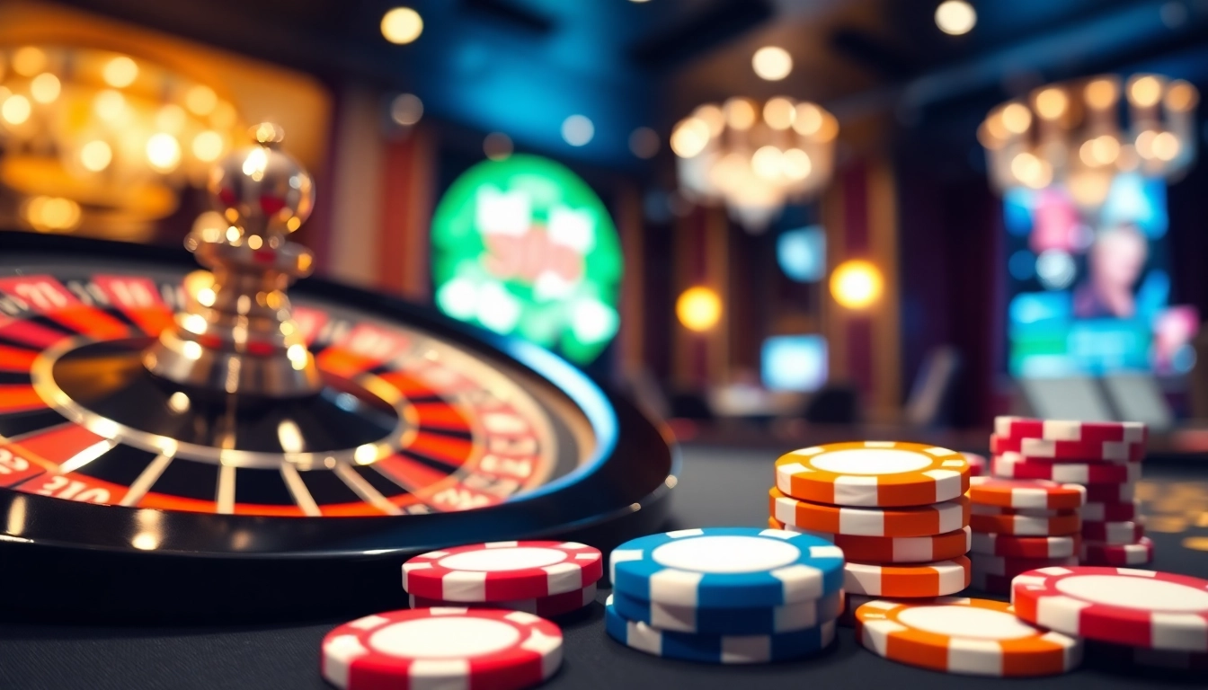 Gta togel dengan warna cerah pada chip poker dan roda roulette di kasino.
