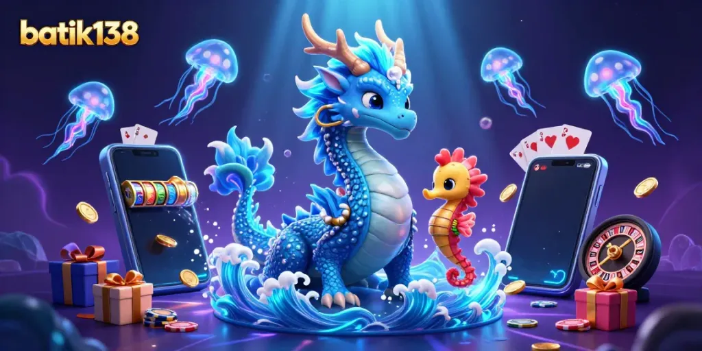Visualisasi permainan slot batik138 yang menarik dengan naga laut dan kuda seahorse berani.