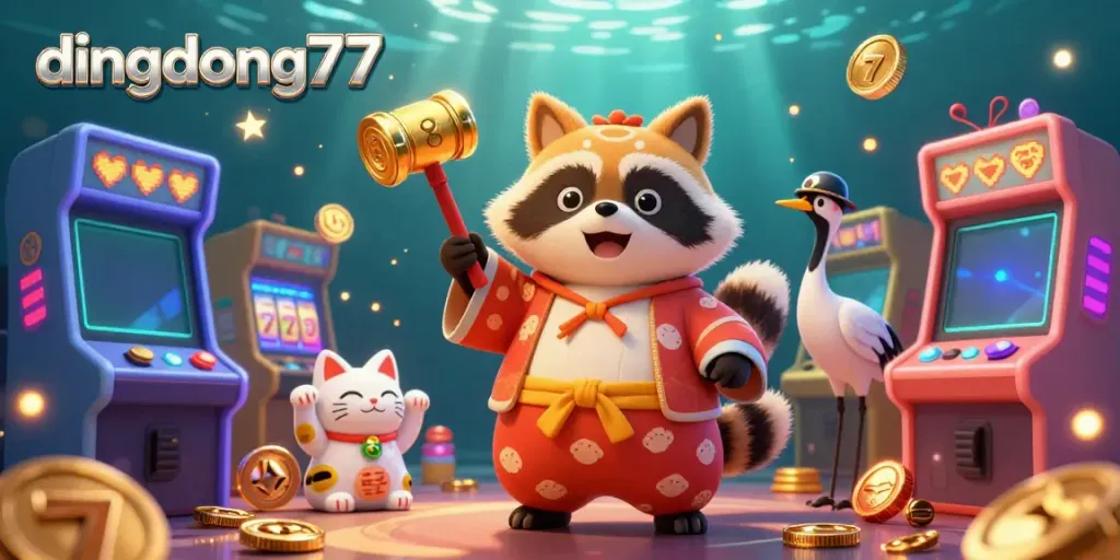 Win big with dingdong77 in a colorful casino scene featuring cheerful characters and exciting game elements.