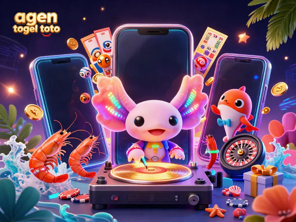 Merayakan agen togel toto dengan ilustrasi 3D yang menampilkan DJ axolotl neon dan elemen permainan lotto.