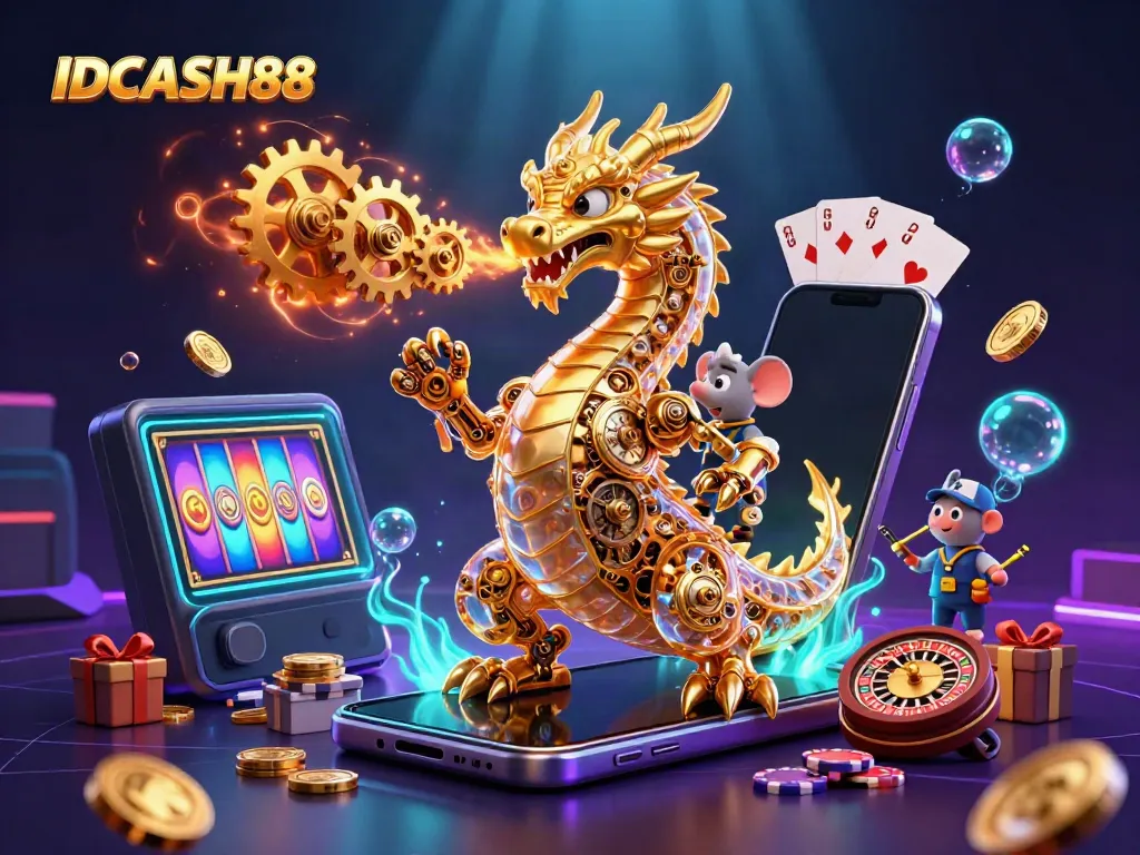 Experience thrilling gameplay with IDCASH88 through stunning visuals featuring a golden dragon and slot game elements.