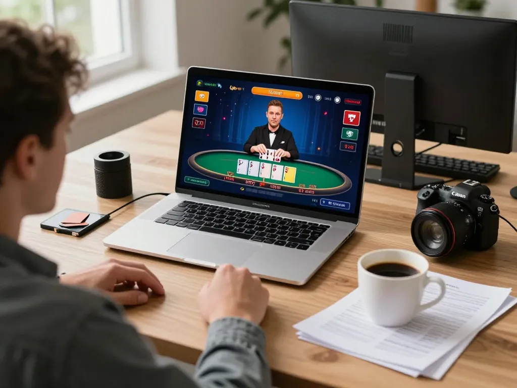 Player engaging with live dealer blackjack on https://ww88b.com/ in modern home office setting, highlighting strategic gameplay.