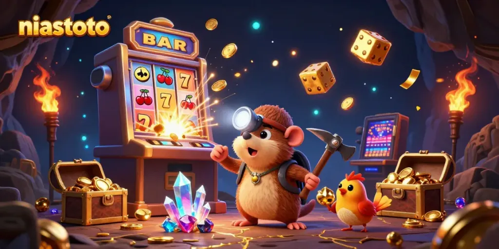 Mole penambang di platform niastoto dengan mesin slot yang berdampak dan koin bersinar terbang di sekitarnya.