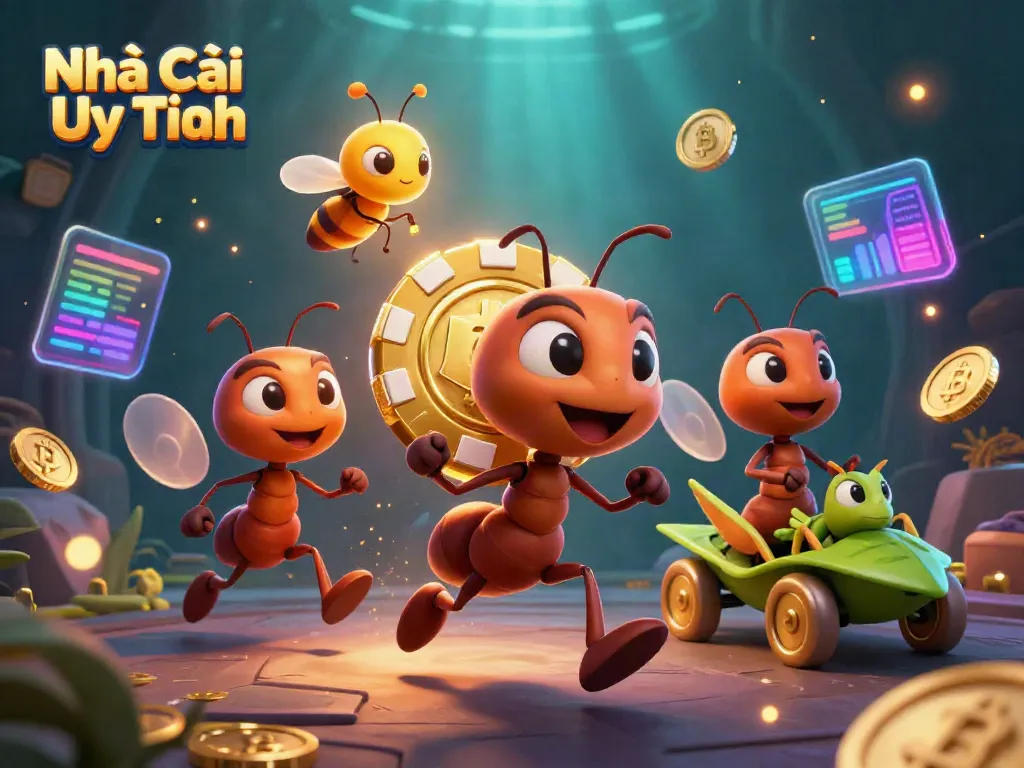 The ants heist carrying a giant poker chip in a vibrant, detailed illustration, showcasing Nhà Cái Uy Tín.