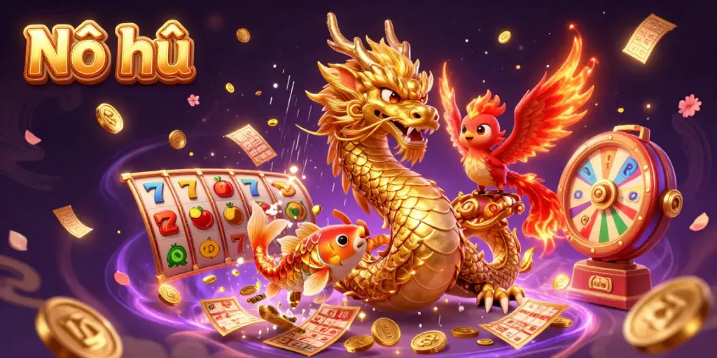 Nổ hũ dragon and phoenix celebrating a jackpot with coins and slot reels in a vibrant casino scene.