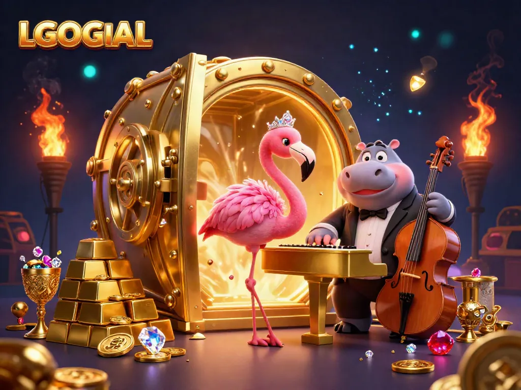 LGOGOAL presents a vibrant scene with a flamingo singer and hippo bassist in a casino atmosphere.