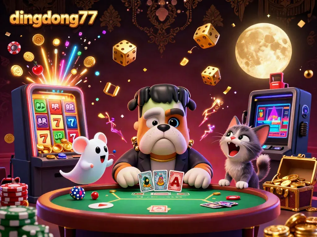 Dingdong77 brings excitement to casino gaming with a spooky illustrated scene featuring a cartoon monster dealing cards.