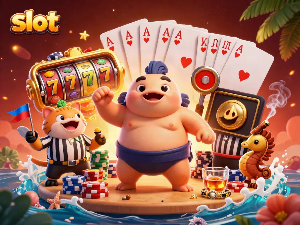 Menangkan slot jackpot dengan mesin slot berputar dan karakter lucu dalam ilustrasi 3D ceria.