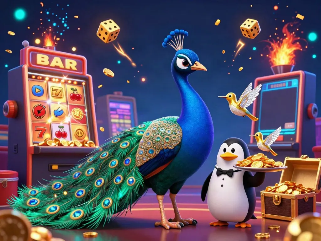 Experience the excitement of tokeslot casino with a vibrant 3D illustration of a peacock, penguin, and hummingbird surrounded by slot machines.