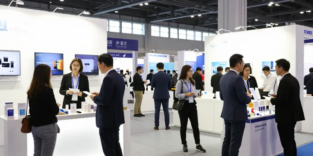 Expositores tampil di konferensi bisnis dengan profesional berinteraksi di pameran