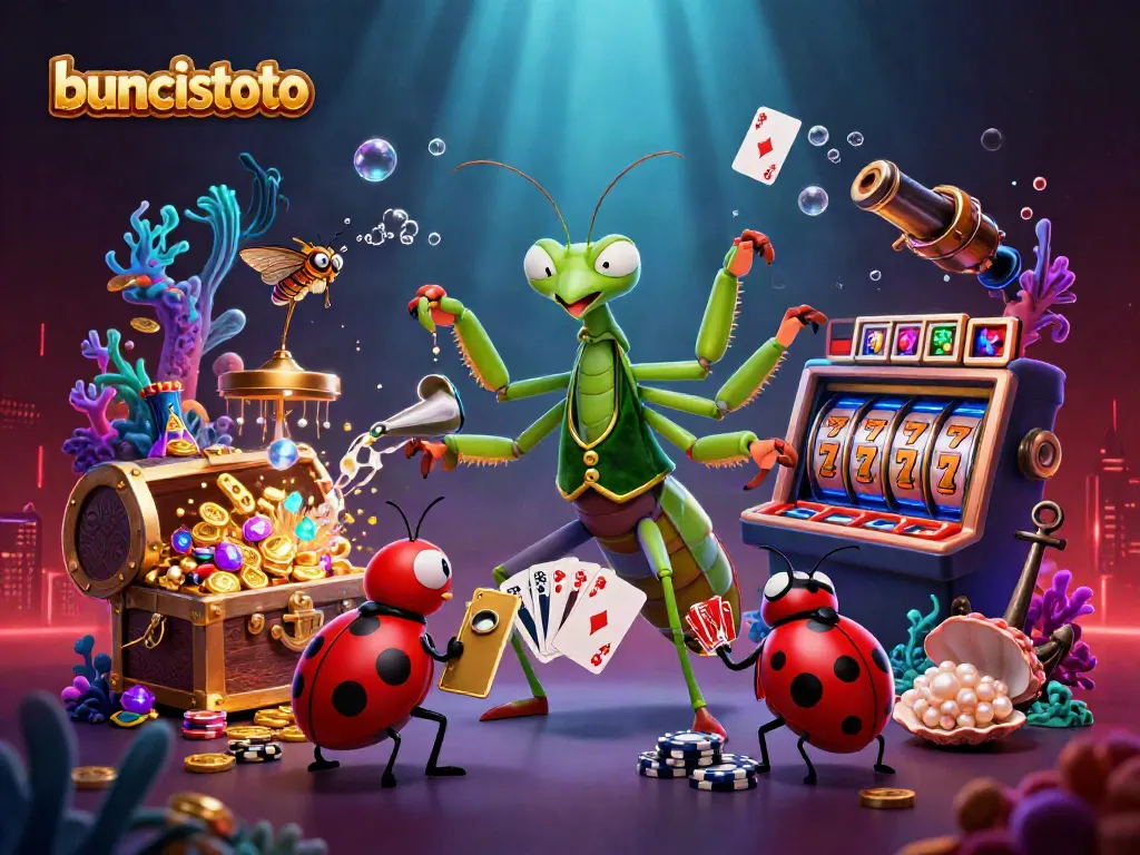Buncistoto menghadirkan ilustrasi 3D kartun kehidupan kasino dengan karakter menarik dan elemen permainan.
