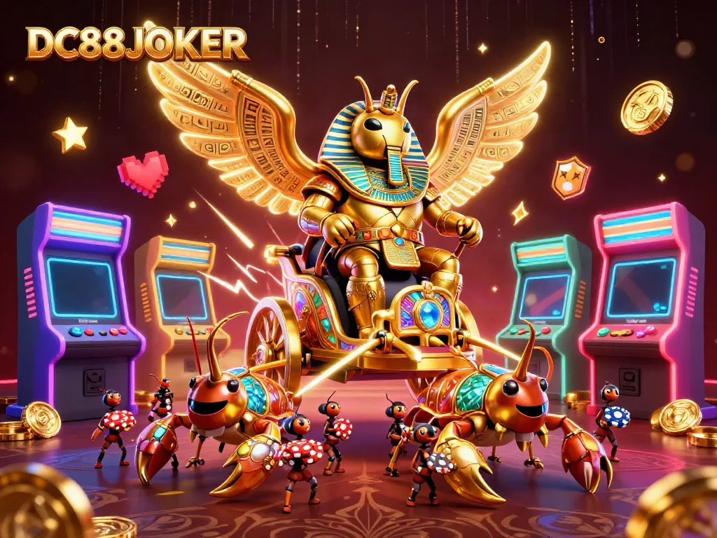 Experience thrilling gameplay with DC88JOKER, featuring a colossal golden scarab beetle in a dynamic casino scene packed with excitement.