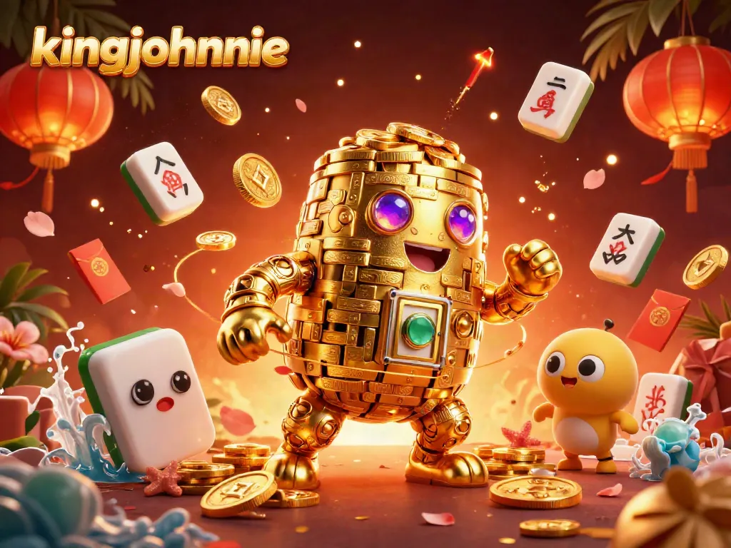 Experience kingjohnnie’s vibrant casino scene with a golden golem, festive elements, and dynamic game symbols.