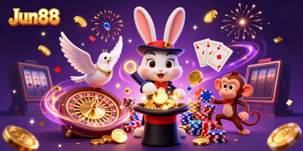 Experience the excitement of Jun88 with a magician rabbit pulling coins, a dove, and a monkey amidst dazzling casino elements.