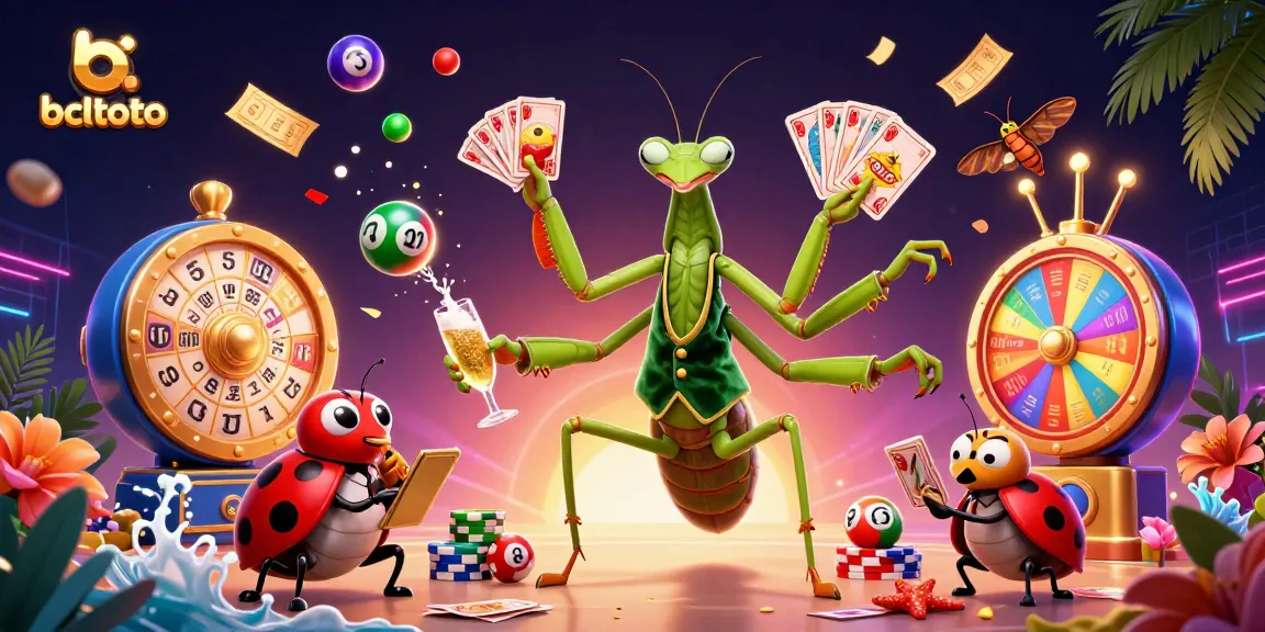 Permainan bcltoto dengan karakter mantis raja dan bos ladybug dikelilingi bola lotere.