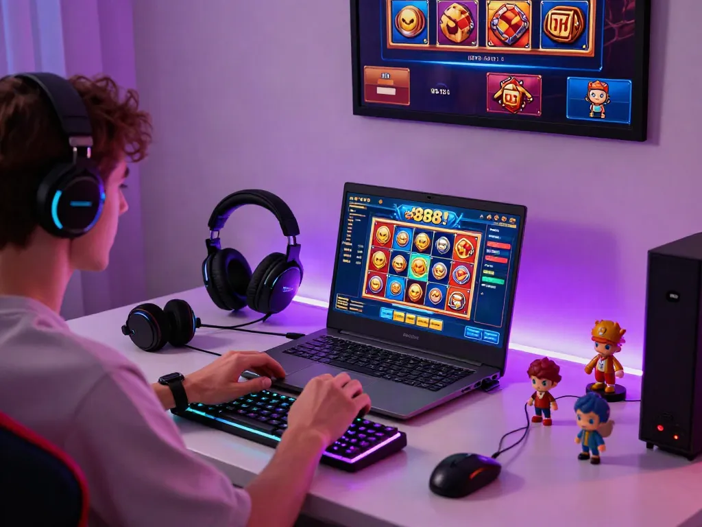 Pengguna menikmati permainan slot88 di setup gaming modern, dikelilingi aksesori gaming.