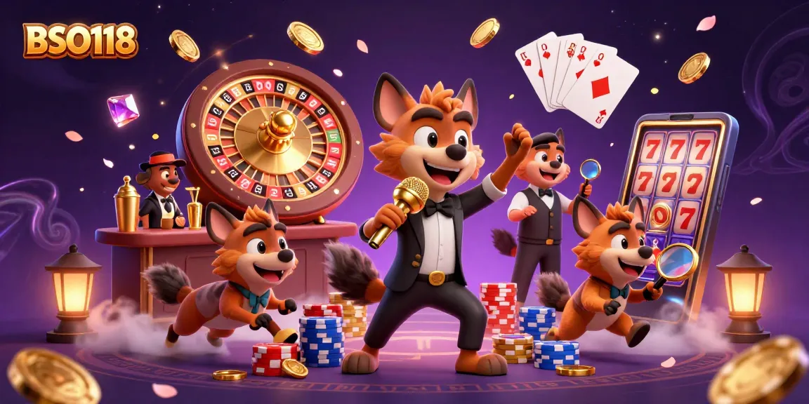 Engage in laughter at BSO118's comedy casino with hyenas as entertainers amidst golden coins and roulette.