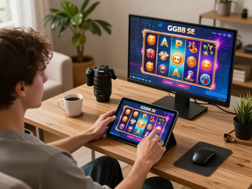 Engaging with the GG88 SE casino app on a tablet in a cozy home office setting.