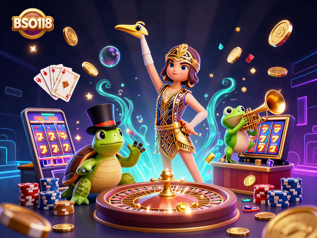 Spin to win at BSO118 with vibrant casino characters, golden coins, and roulette excitement.