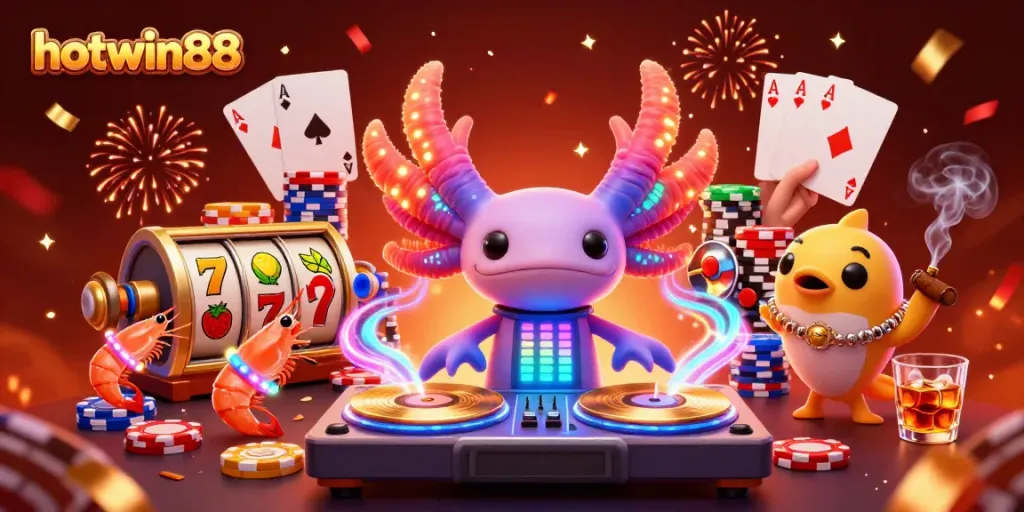 Experience the excitement of hotwin88 with vibrant slot reels and characters in a festive atmosphere.