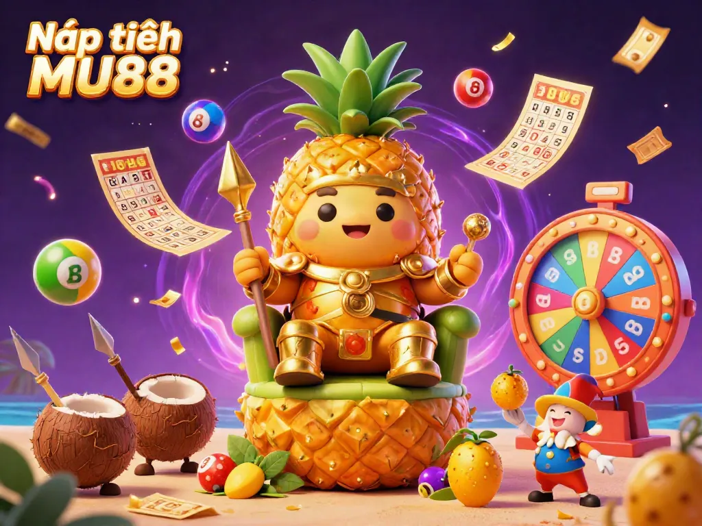 Nạp tiền MU88 illustrated with a golden pineapple king surrounded by vibrant casino elements.