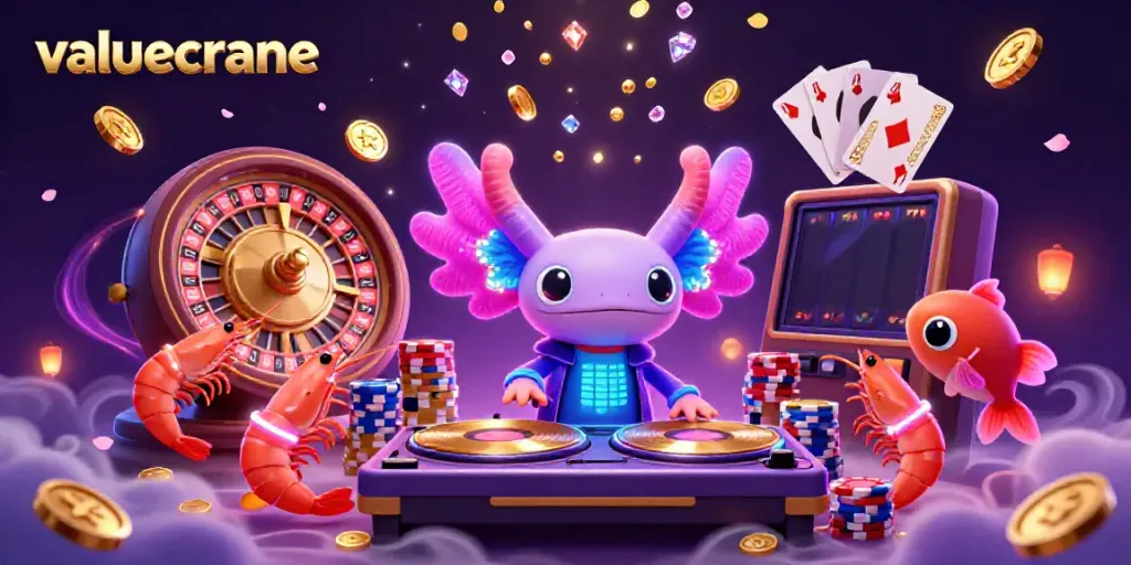 Valuecrane menghadirkan keseruan kasino dengan DJ axolotl neon dan koin emas yang berjatuhan.