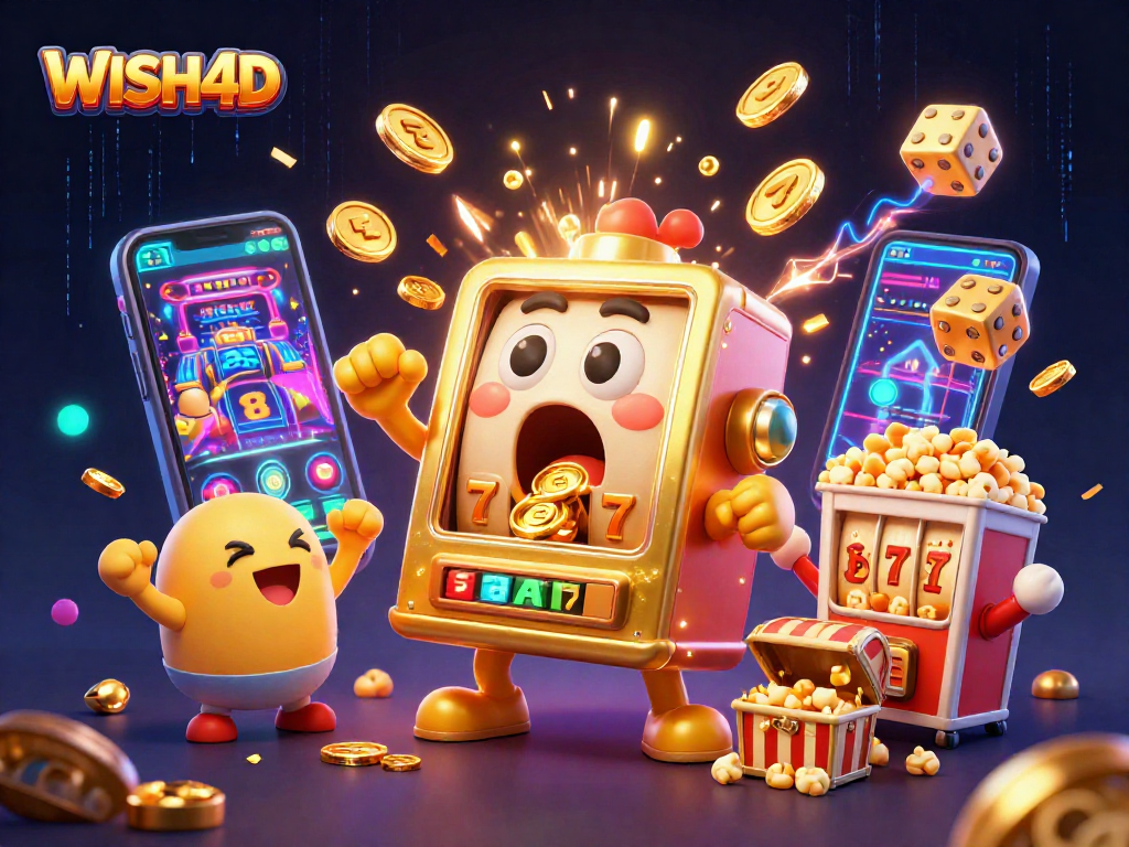 WISH4D slot machines celebrate as coins pour out from winning jackpots in a vibrant 3D scene.