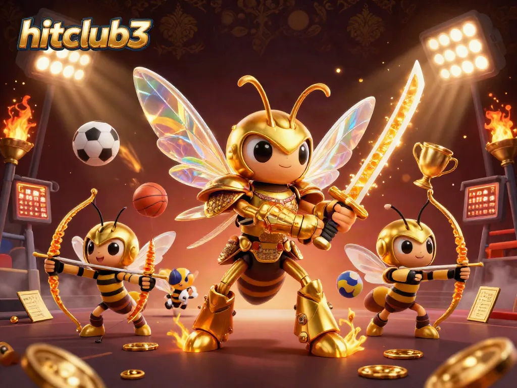 Try your luck with hitclub3's vibrant gaming scene featuring dynamic sports elements and golden characters.