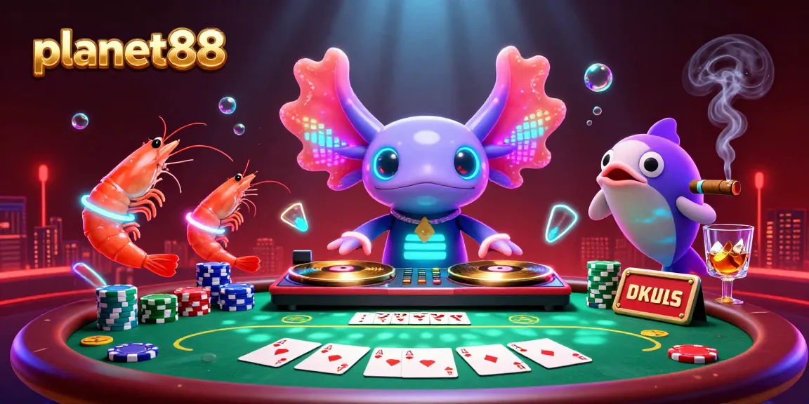 Immerse in the vibrant action at planet88, where an axolotl DJ spins and shrimp dancers celebrate the thrill of online slots.