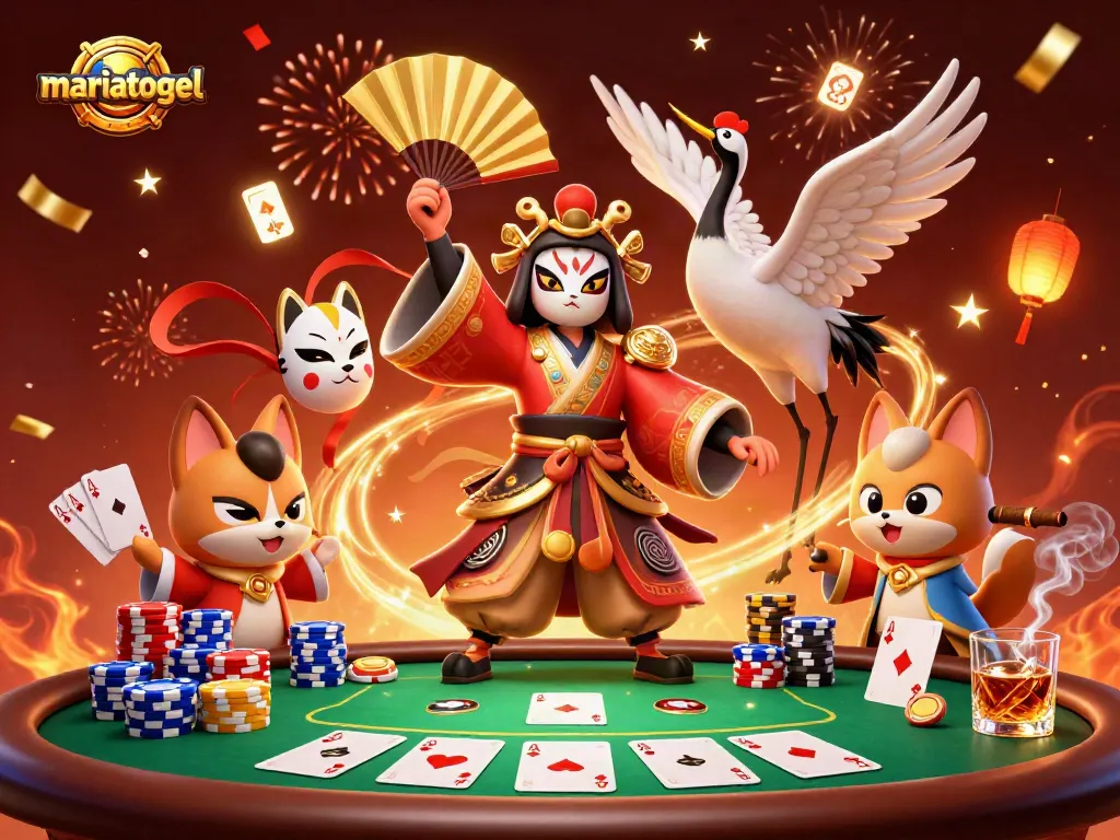 Experience the excitement of mariatogel as a kabuki warrior and kitsune take center stage at a vibrant poker event.