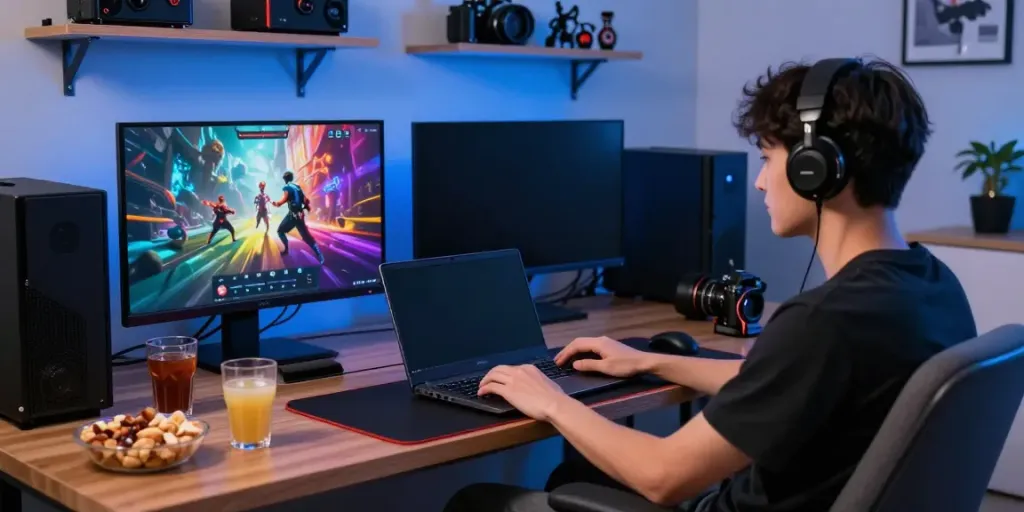 Engaged user playing h19 đăng nhập on laptop and smartphone in stylish gaming setting.