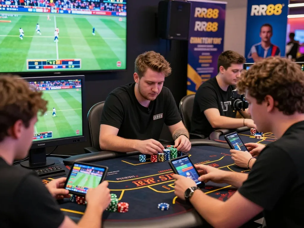 Exciting online gaming scene at RR88 with enthusiastic players engaged in sports betting and casino games.