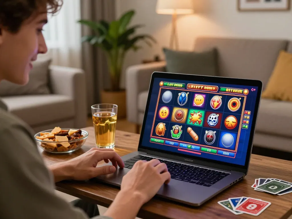 Engaging player on a laptop enjoying Slot Demo games in a cozy home environment.