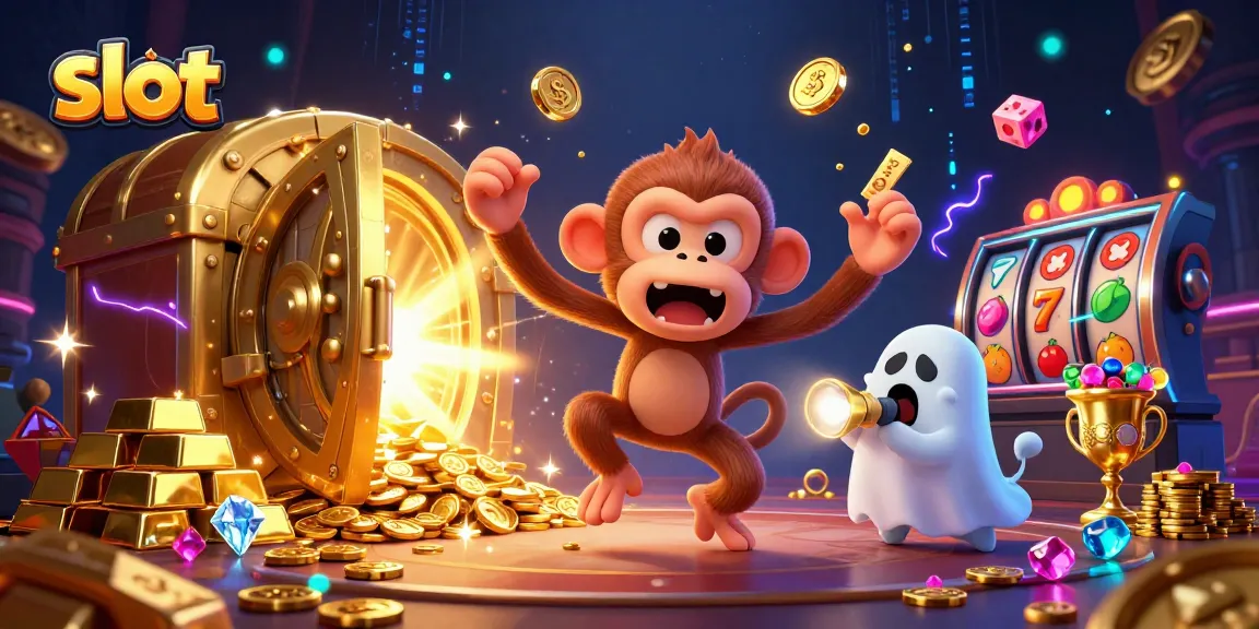 Spin golden slots with a mischievous monkey and a curious puppy in a vibrant casino scene.