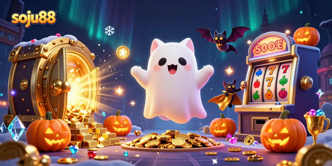 Engage in thrilling slots at soju88 with a festive haunted casino atmosphere featuring a ghost cat.
