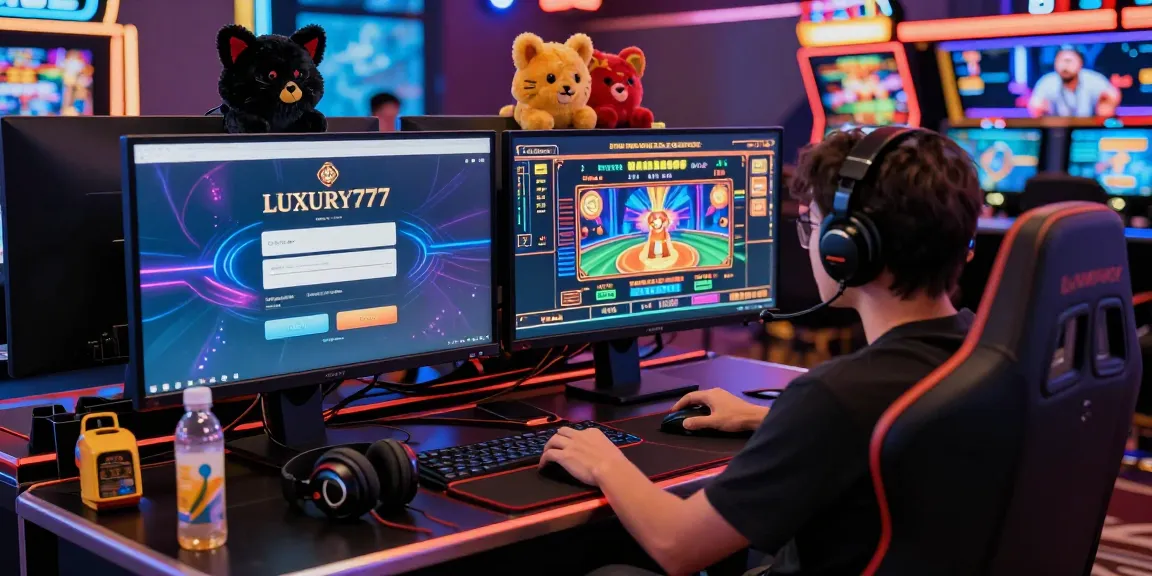Login LUXURY777 di meja permainan online yang menarik dengan lampu LED dan perangkat gaming modern.