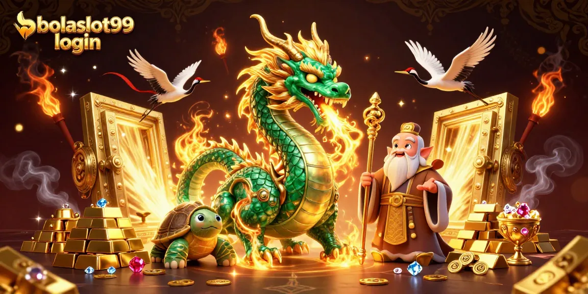 Bolaslot99 login unlocks a vibrant casino world with a jade dragon and lucky cranes.