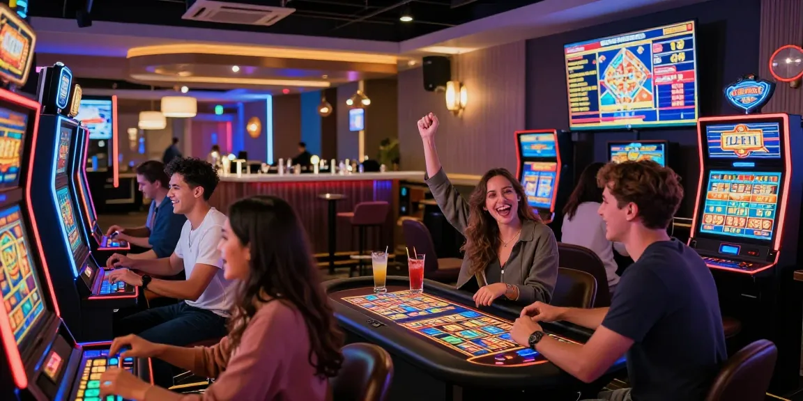 Suasana kasino LUXURY777 yang meriah dengan pemain mesin slot dan meja permainan.