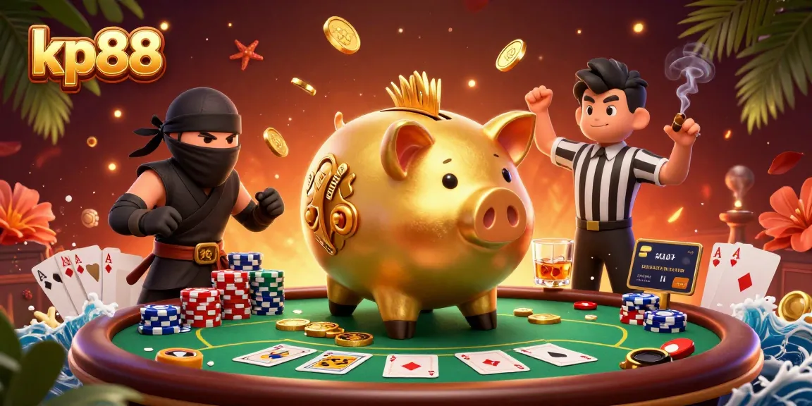 Experience the excitement of kp88 with a golden piggy bank sumo wrestler and casino action.