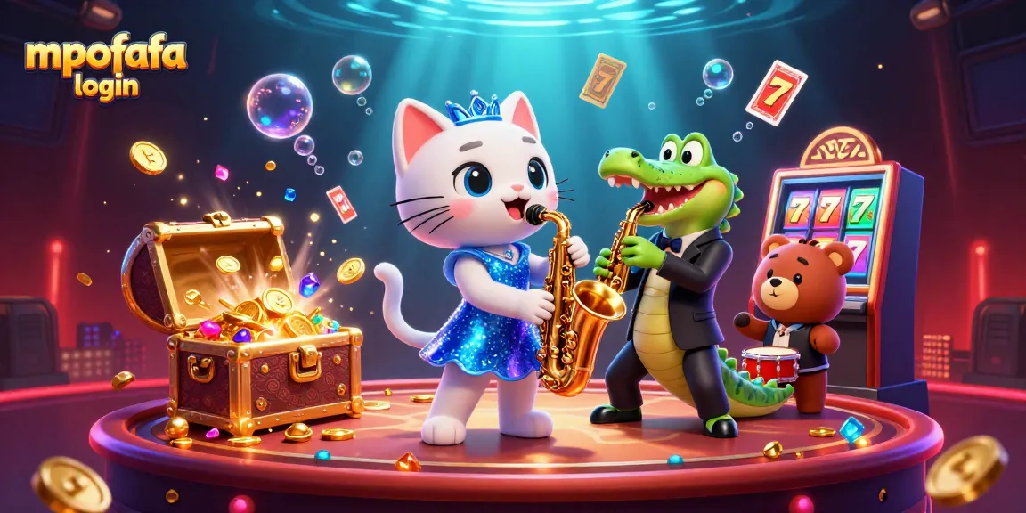 The vibrant scene of mpofafa login showcases a lively jazz-singer cat with casino elements like floating playing cards and lucky 7s.